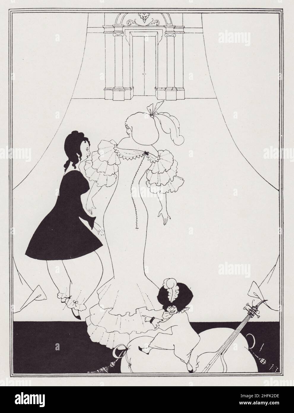 Commedia-Balletto di Marionettes, II, 1894. Due donne, una in fiore e l'altra in un abito a figura con maniche e orlo volgenti. "Dal Libro giallo, Vol. II". Pubblicato in "The Best of Beardsley" a cura di R. A. Walker, [The Bodley Head, London, 1948] Foto Stock