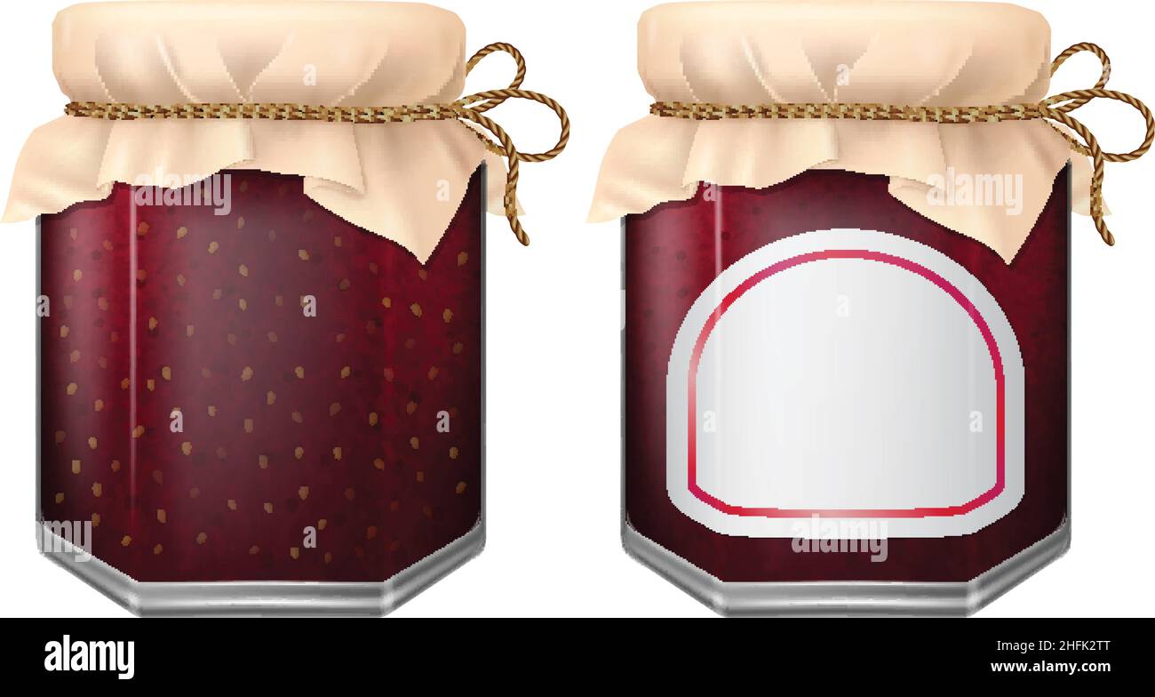 Vasetto di marmellata fatta in casa con copertura in tessuto. Illustrazione vettoriale fotorealistica. Illustrazione Vettoriale