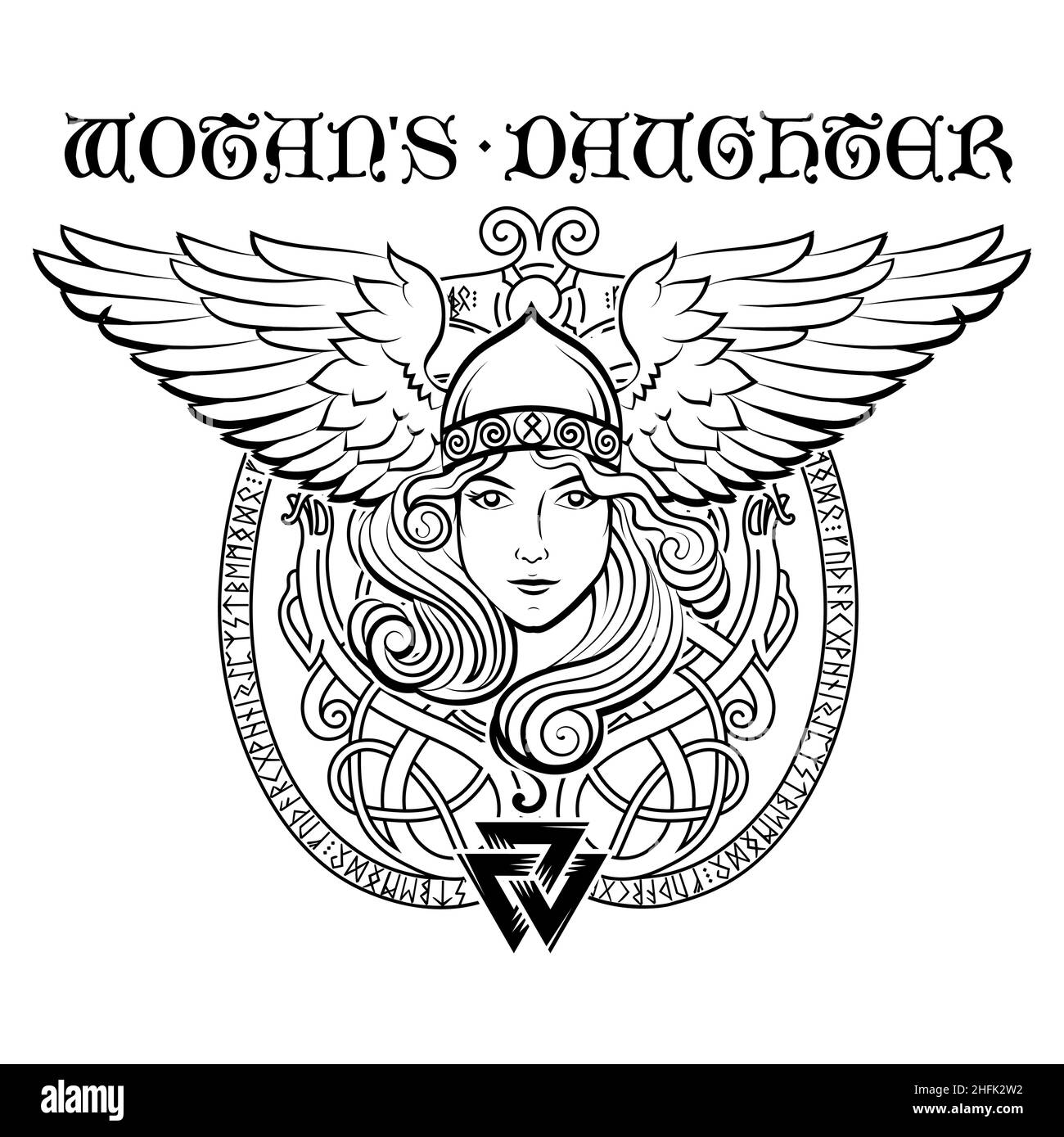 Viking Design. Valkyrie in un casco alato. Immagine di Valkyrie, una donna guerriero della mitologia scandinava Illustrazione Vettoriale