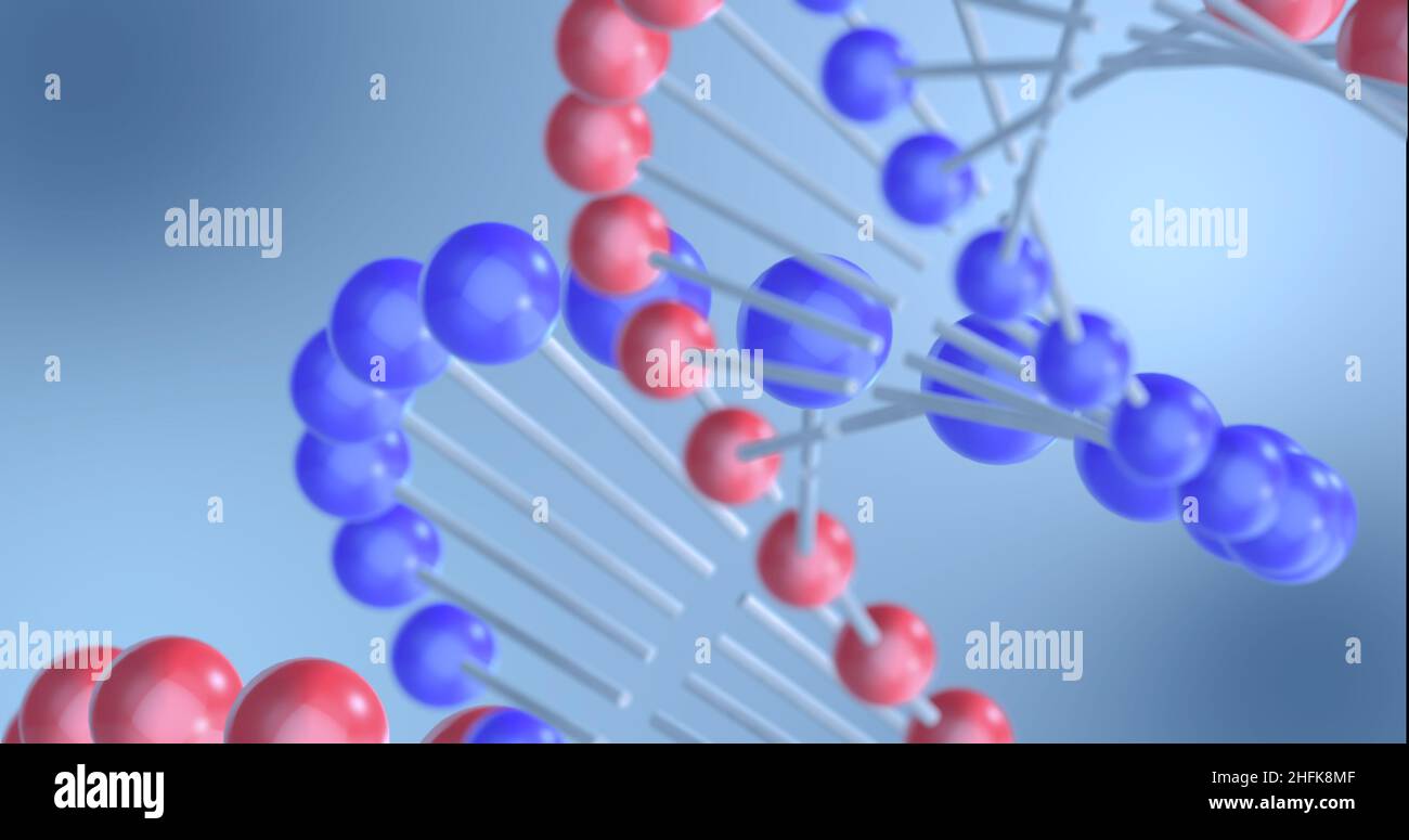 3d illustrazione di un modello di dna a doppia elica su sfondo blu. Scienza medica, biotecnologia genetica, biologia chimica, concetto di cellule geniche Foto Stock