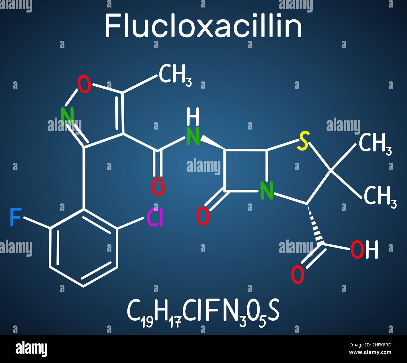 Molecola di flucloxacillina (floxacillina). È antibiotico beta-lattamico della classe della penicillina. Formula chimica strutturale su sfondo blu scuro Illustrazione Vettoriale