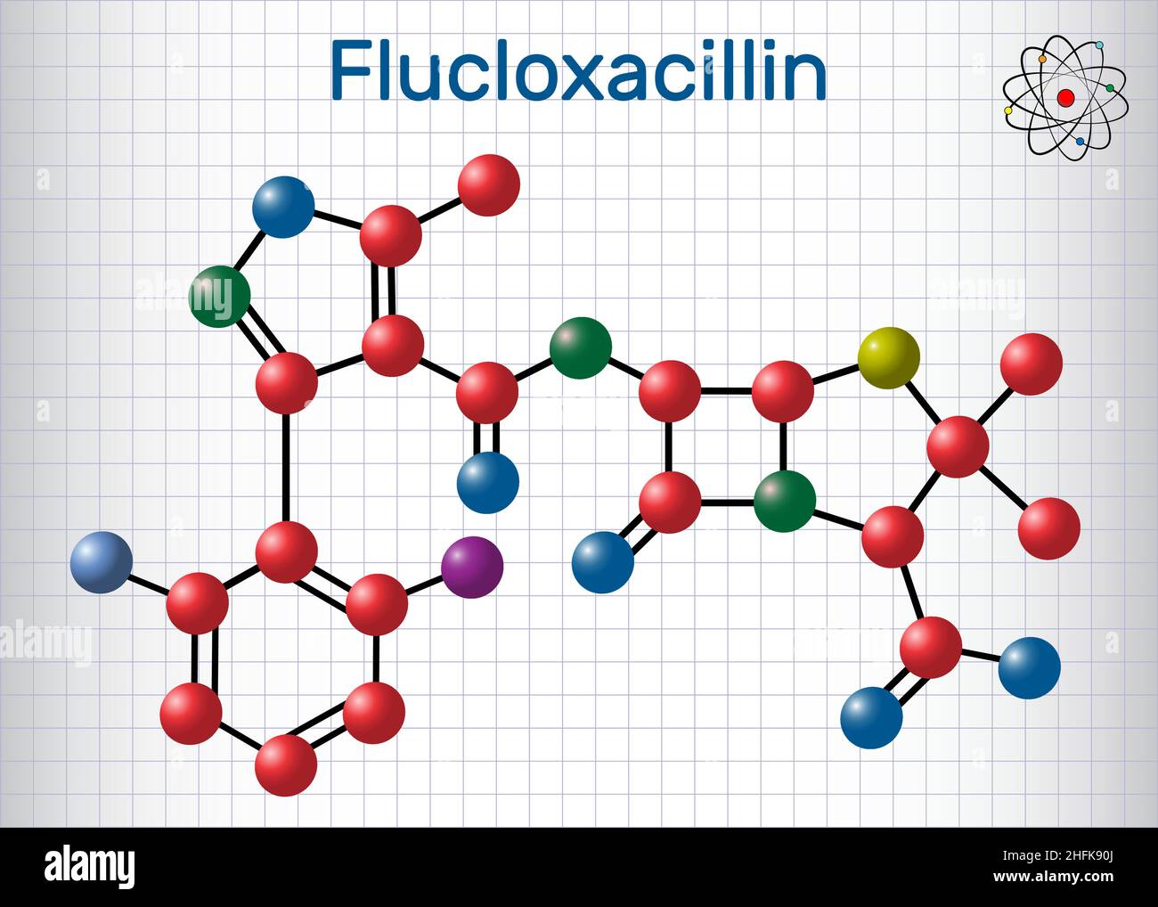 Molecola di flucloxacillina (floxacillina). È antibiotico beta-lattamico della classe della penicillina. Formula chimica strutturale e modello molecolare Illustrazione Vettoriale