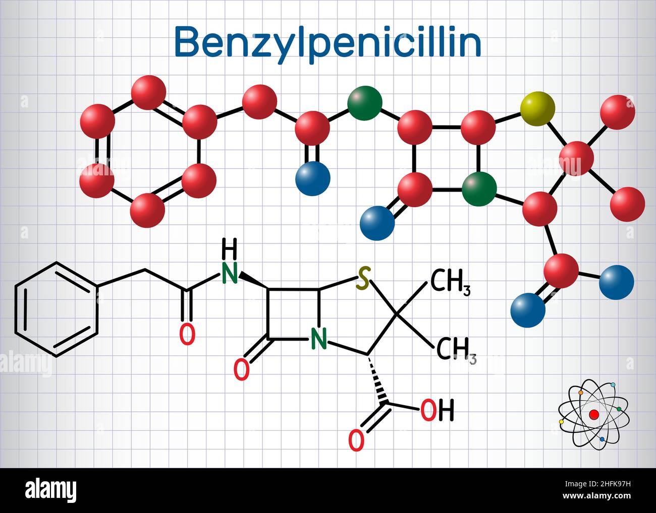 Molecola di farmaco di benzilpenicillina (penicillina G). È antibiotico beta-lattamico. Formula chimica strutturale e modello molecolare. Foglio di carta in gabbia Illustrazione Vettoriale