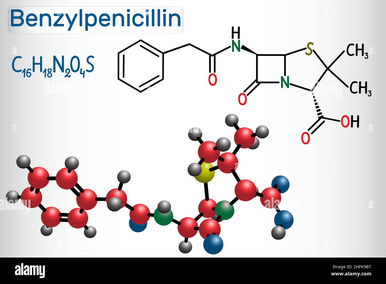 Molecola di farmaco di benzilpenicillina (penicillina G). È antibiotico beta-lattamico. Formula chimica strutturale e modello molecolare Illustrazione Vettoriale