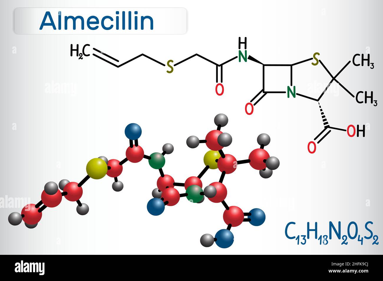 Molecola di farmaco di Almecillina (penicillina o). È antibiotico beta-lattamico. Formula chimica strutturale e modello molecolare Illustrazione Vettoriale
