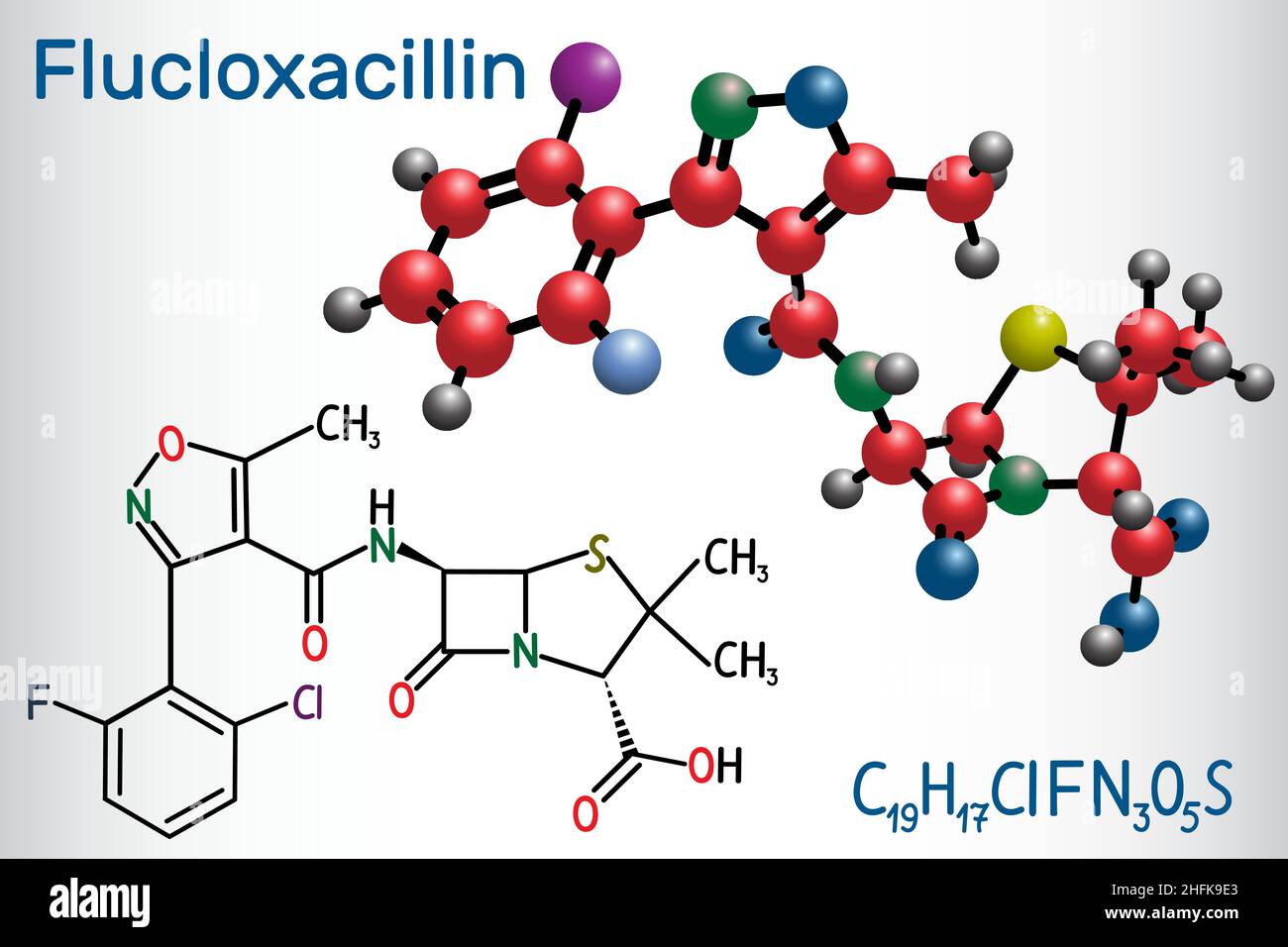 Molecola di flucloxacillina (floxacillina). È antibiotico beta-lattamico della classe della penicillina. Formula chimica strutturale e modello molecolare Illustrazione Vettoriale