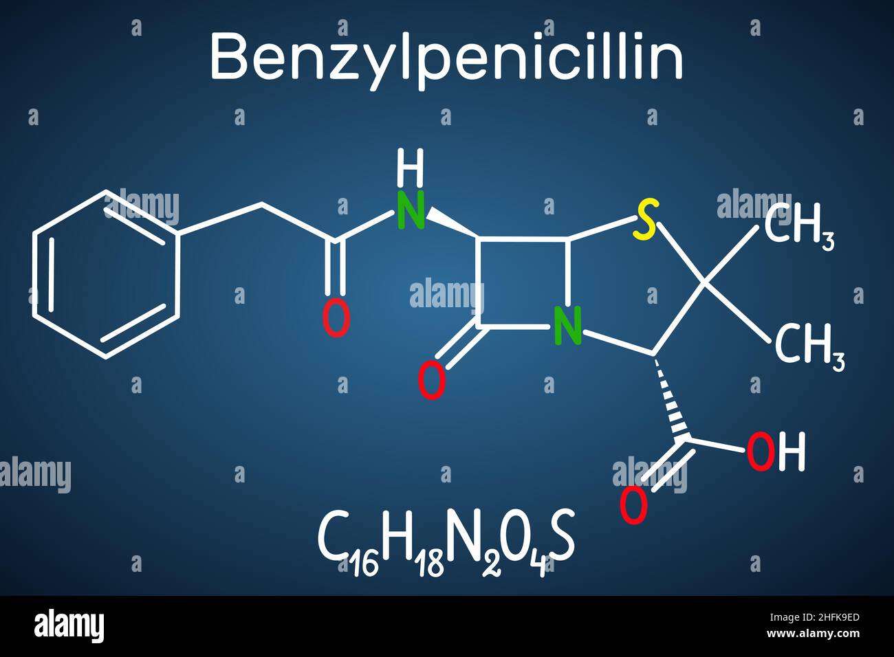 Molecola di farmaco di benzilpenicillina (penicillina G). È antibiotico beta-lattamico. Formula chimica strutturale su sfondo blu scuro Illustrazione Vettoriale