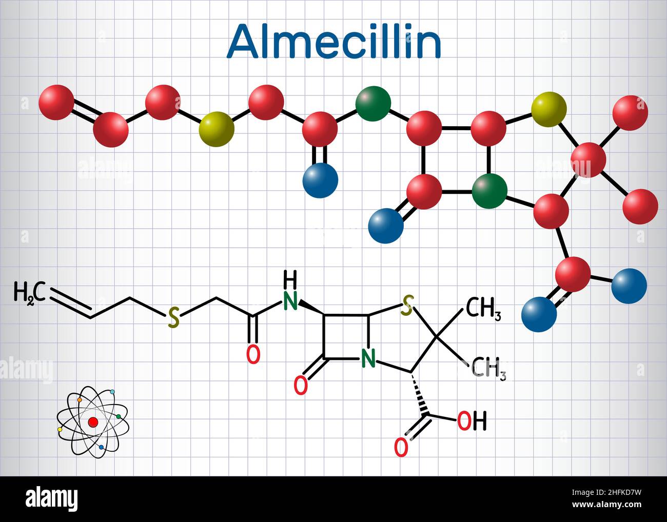 Molecola di farmaco di Almecillina (penicillina o). È antibiotico beta-lattamico. Formula chimica strutturale e modello molecolare. Foglio di carta in gabbia. VECTO Illustrazione Vettoriale