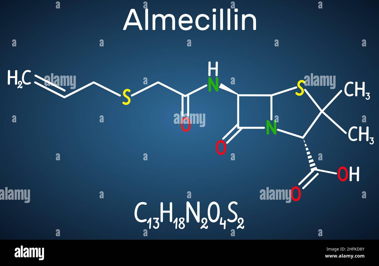 Molecola di farmaco di Almecillina (penicillina o). È antibiotico beta-lattamico. Formula chimica strutturale su sfondo blu scuro. Illustrazione vettoriale Illustrazione Vettoriale