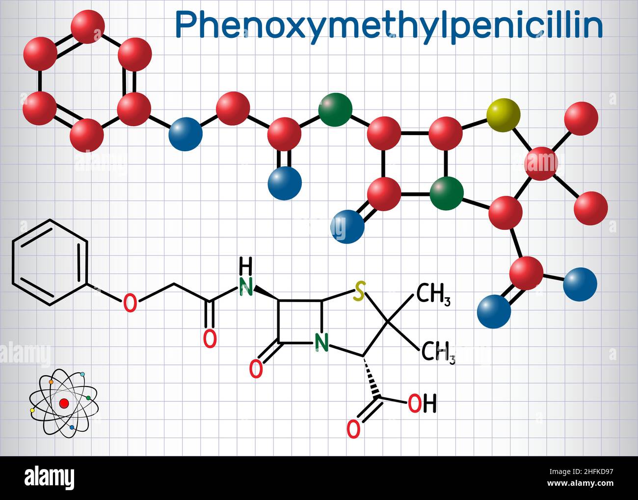 Molecola di farmaco antibiotico fenossimetilpenicillina (penicillina V). Formula chimica strutturale e modello molecolare. Foglio di carta in un cage.Vector illus Illustrazione Vettoriale