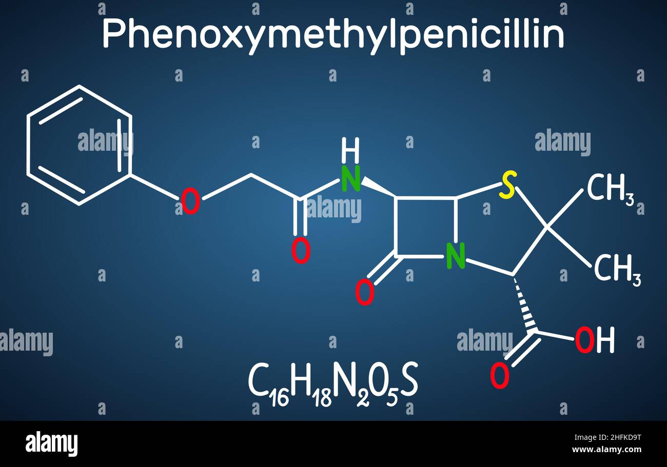 Molecola di farmaco antibiotico fenossimetilpenicillina (penicillina V). Formula chimica strutturale su sfondo blu scuro. Illustrazione vettoriale Illustrazione Vettoriale