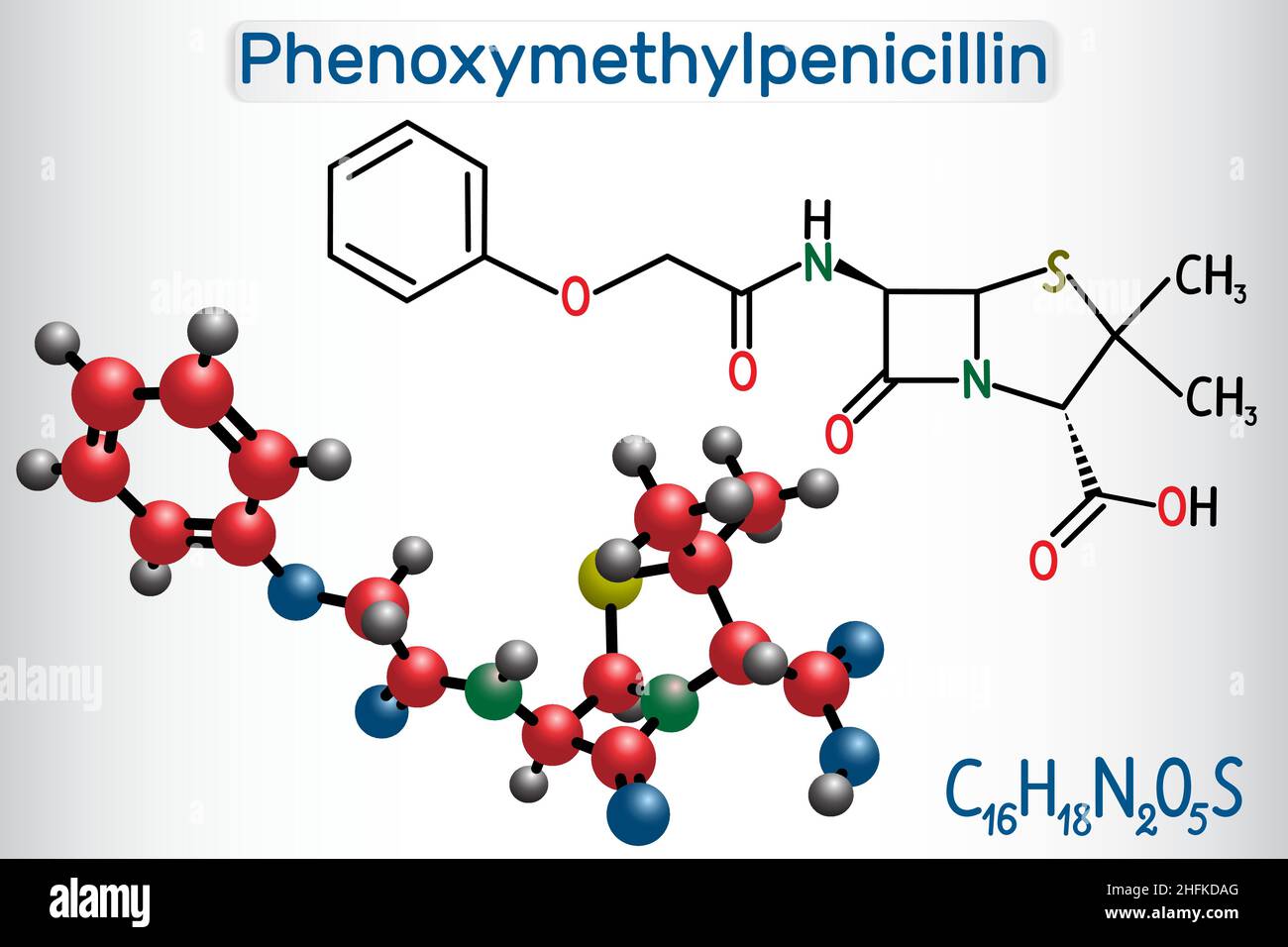 Molecola di farmaco antibiotico fenossimetilpenicillina (penicillina V). Formula chimica strutturale e modello molecolare. Illustrazione vettoriale Illustrazione Vettoriale