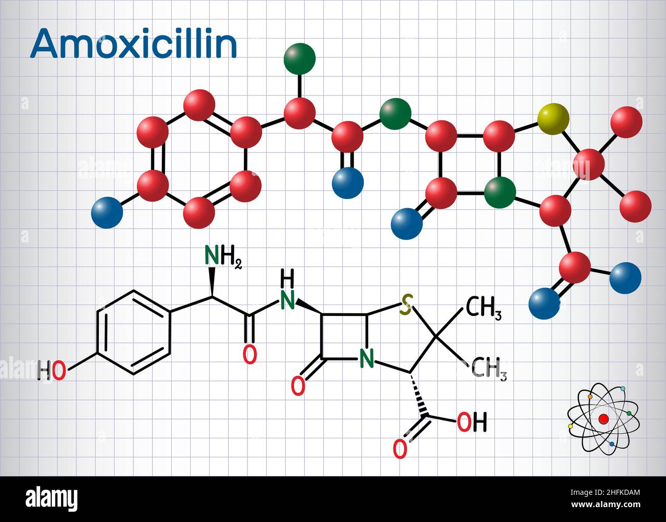 Molecola di farmaco di amoxicillina. È antibiotico beta-lattamico. Formula chimica strutturale e modello molecolare. Foglio di carta in una gabbia.immagine vettoriale Illustrazione Vettoriale