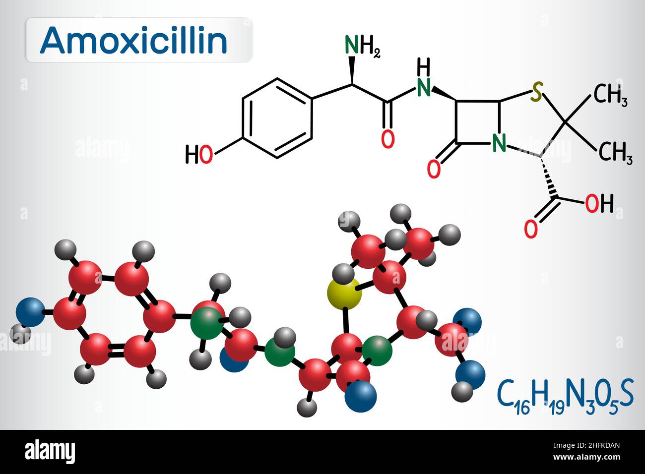 Molecola di farmaco di amoxicillina. È antibiotico beta-lattamico. Formula chimica strutturale e modello molecolare. Illustrazione vettoriale Illustrazione Vettoriale