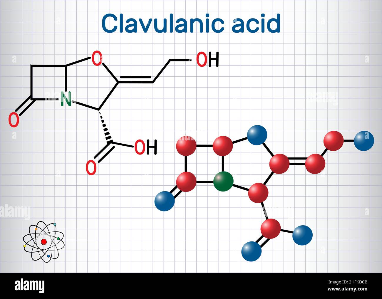 Molecola di farmaco β-lattame dell'acido clavulanico. Formula chimica strutturale e modello molecolare. Foglio di carta in gabbia. Illustrazione vettoriale Illustrazione Vettoriale