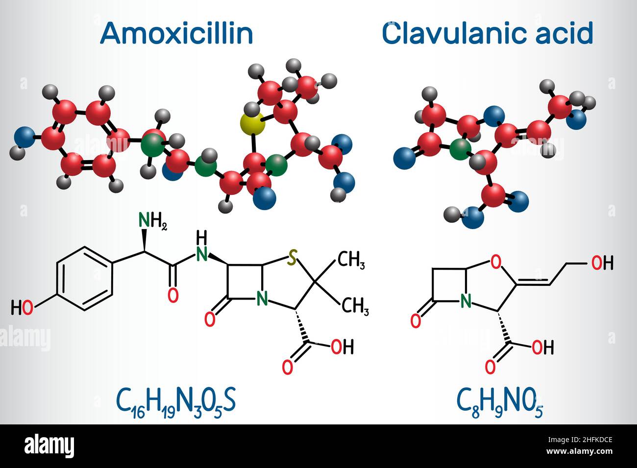 Molecola di farmaco di Amoxicillina e acido clavulanico. L'associazione è un antibiotico utile per il trattamento di una serie di infezioni batteriche. Strutturale c Illustrazione Vettoriale