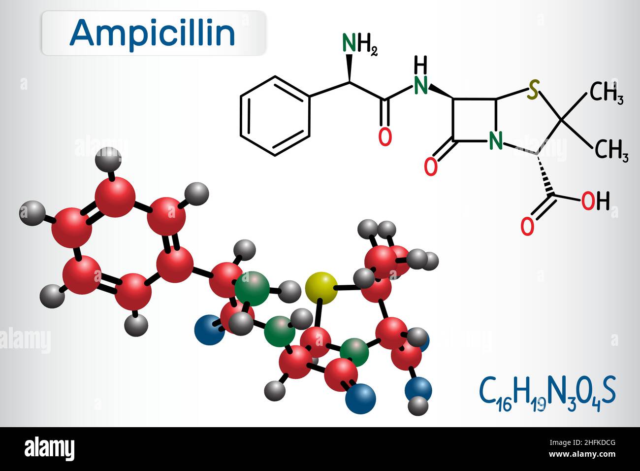 Molecola di farmaco di ampicillina. È antibiotico beta-lattamico. Formula chimica strutturale e modello molecolare. Illustrazione vettoriale Illustrazione Vettoriale