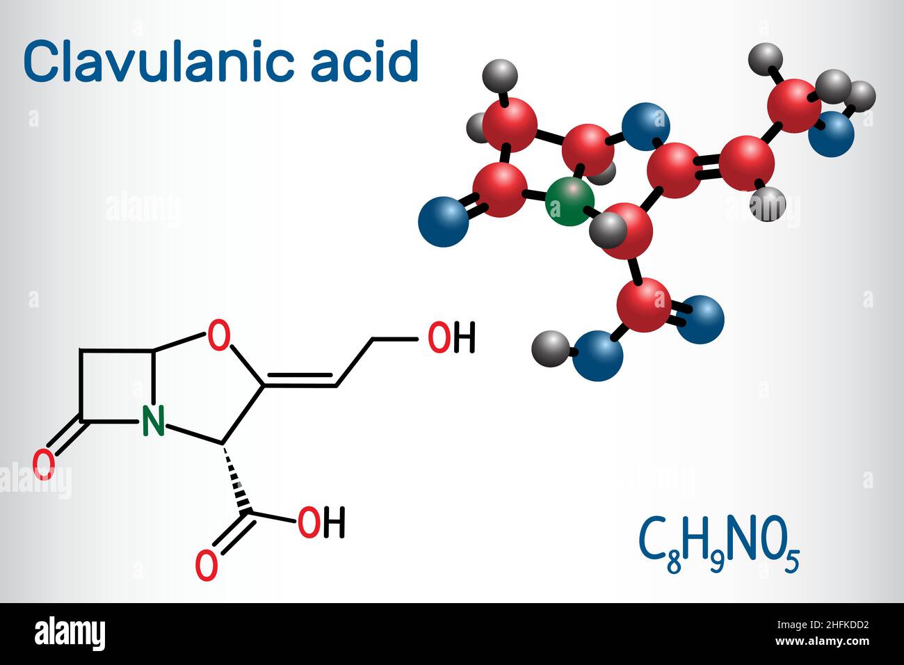 Molecola di farmaco β-lattame dell'acido clavulanico. Formula chimica strutturale e modello molecolare. Illustrazione vettoriale Illustrazione Vettoriale