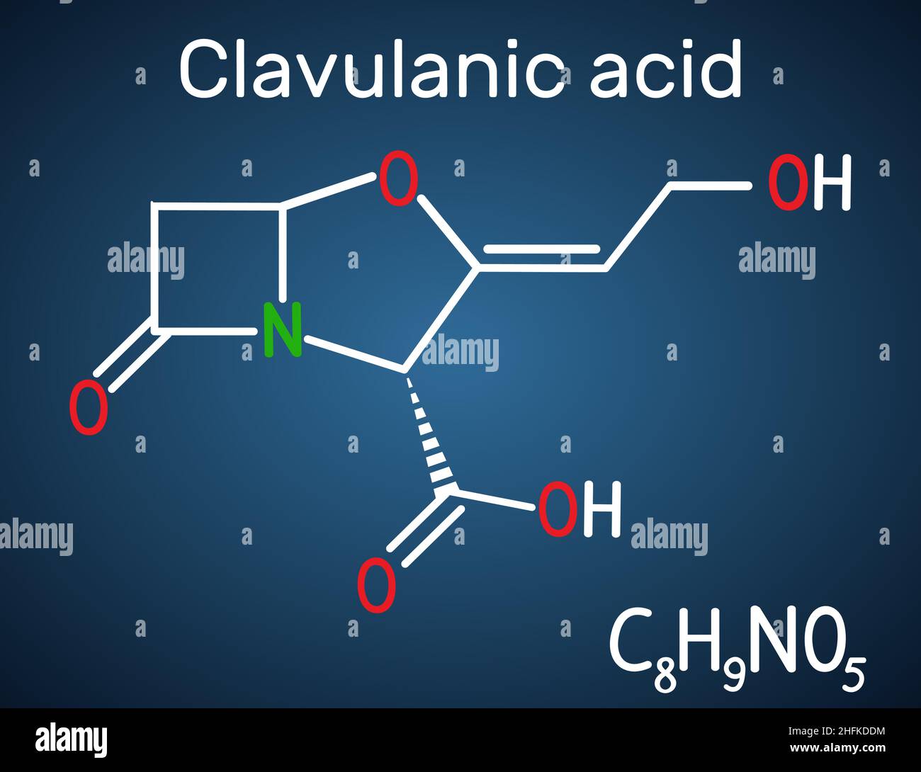 Molecola di farmaco β-lattame dell'acido clavulanico. Formula chimica strutturale su sfondo blu scuro. Illustrazione vettoriale Illustrazione Vettoriale