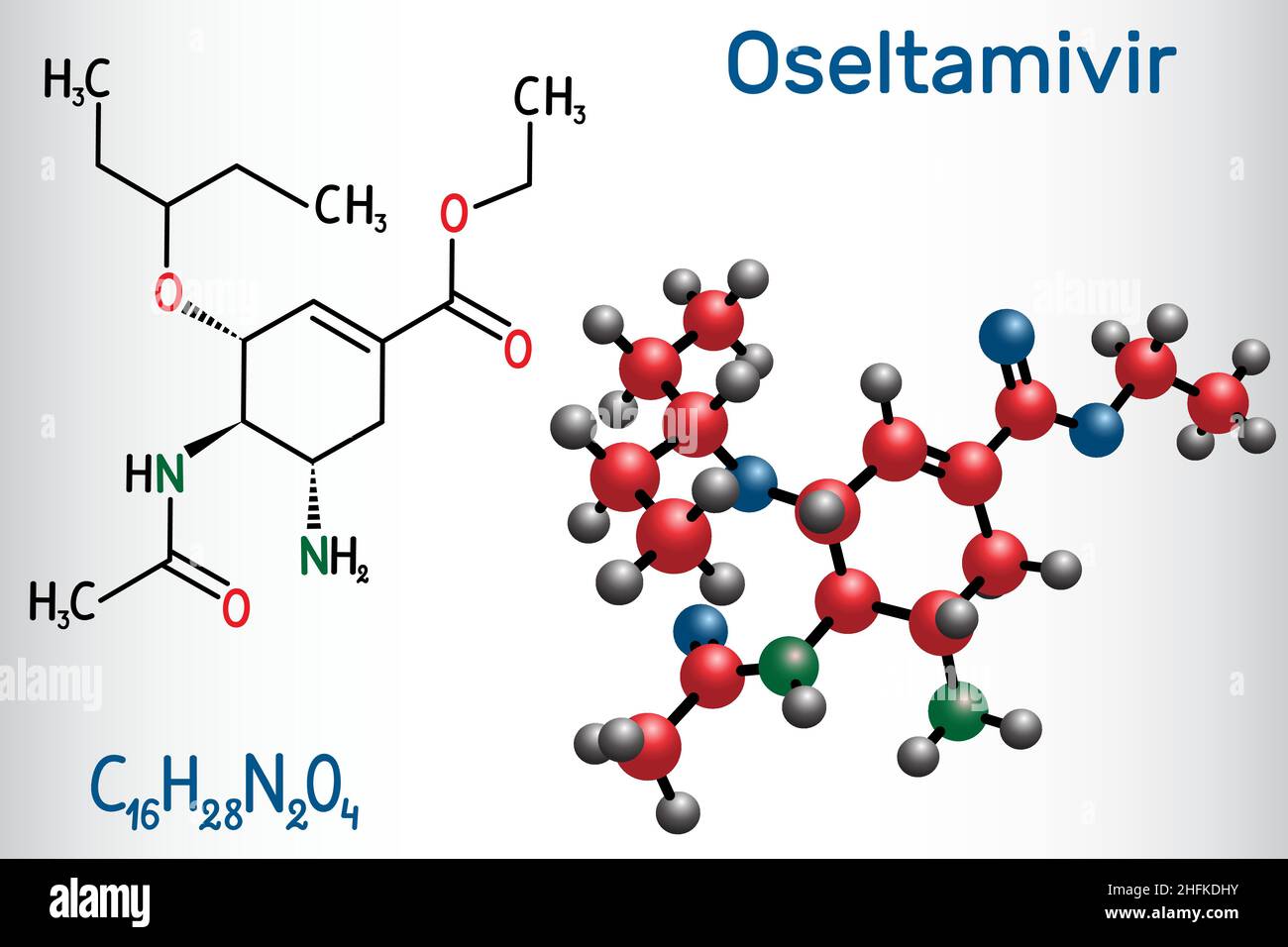 Molecola antivirale di oseltamivir. Formula chimica strutturale e modello molecolare. Illustrazione vettoriale Illustrazione Vettoriale