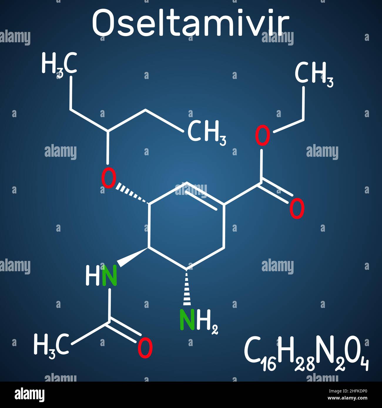 Molecola antivirale di oseltamivir. Formula chimica strutturale su sfondo blu scuro. Illustrazione vettoriale Illustrazione Vettoriale