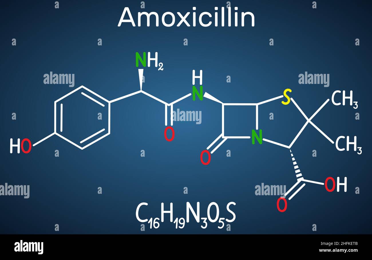 Molecola di farmaco di amoxicillina. È antibiotico beta-lattamico. Formula chimica strutturale su sfondo blu scuro. Illustrazione vettoriale Illustrazione Vettoriale