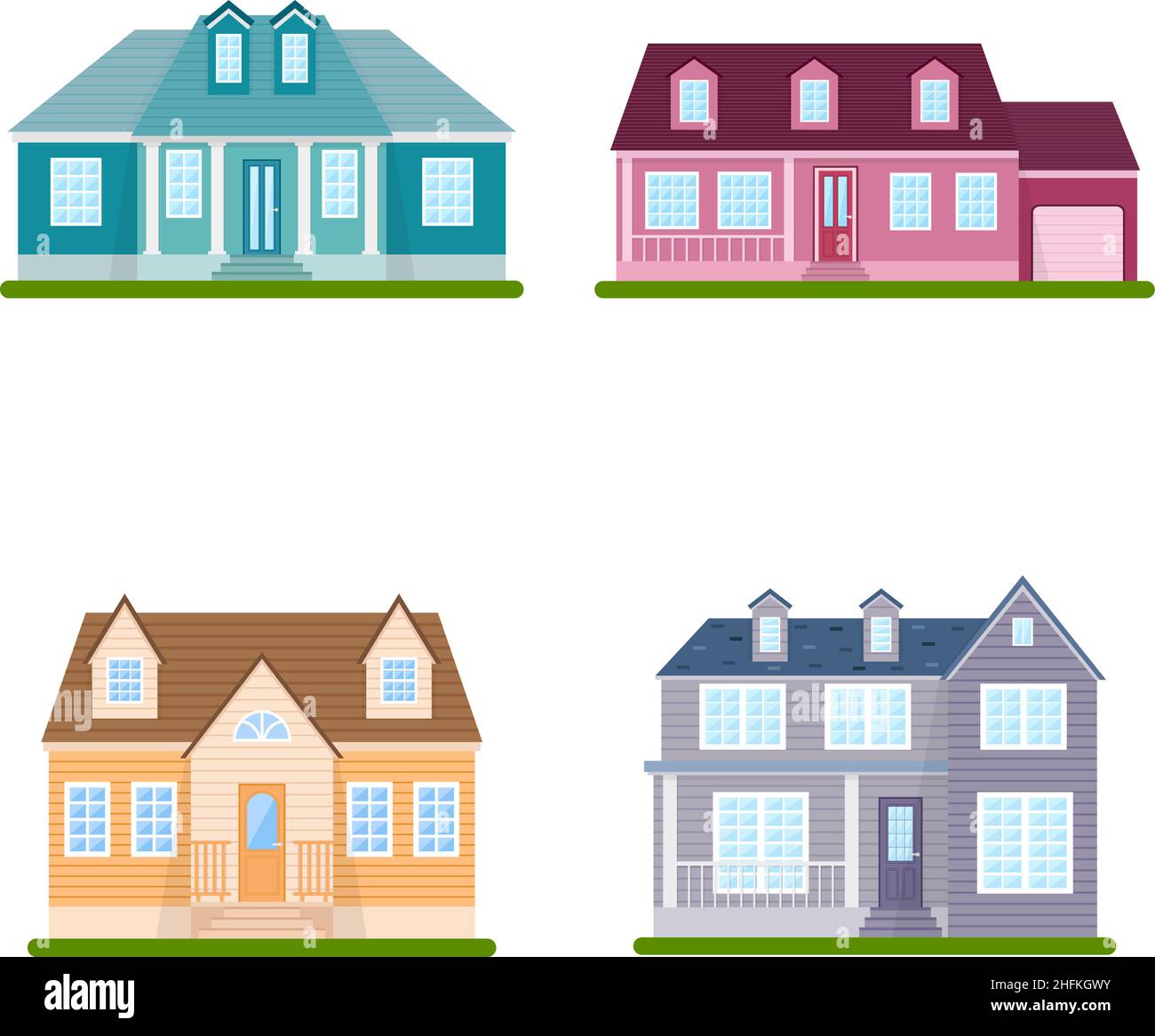 Insieme di case suburbane su sfondo bianco, illustrazione vettoriale Illustrazione Vettoriale