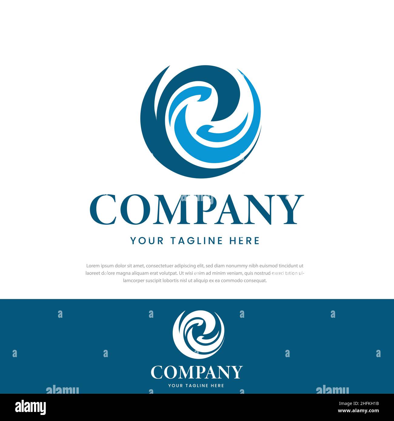 Moderno minimalista e semplice logo onda blu modello spazio Ocean logo.Waves in un cerchio Illustrazione Vettoriale