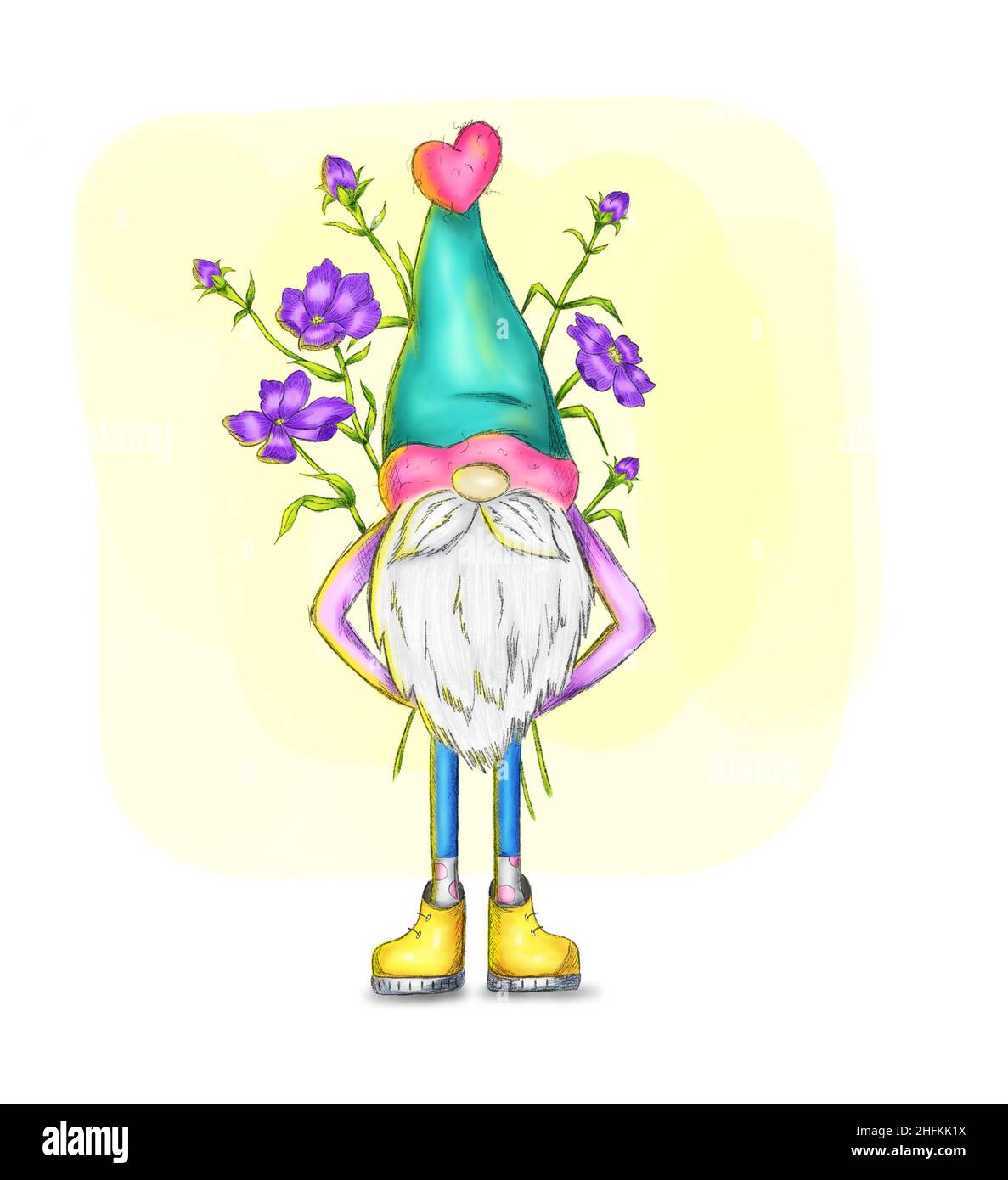 Simpatico gnome valentino con fiori disegno a mano colorato Foto Stock