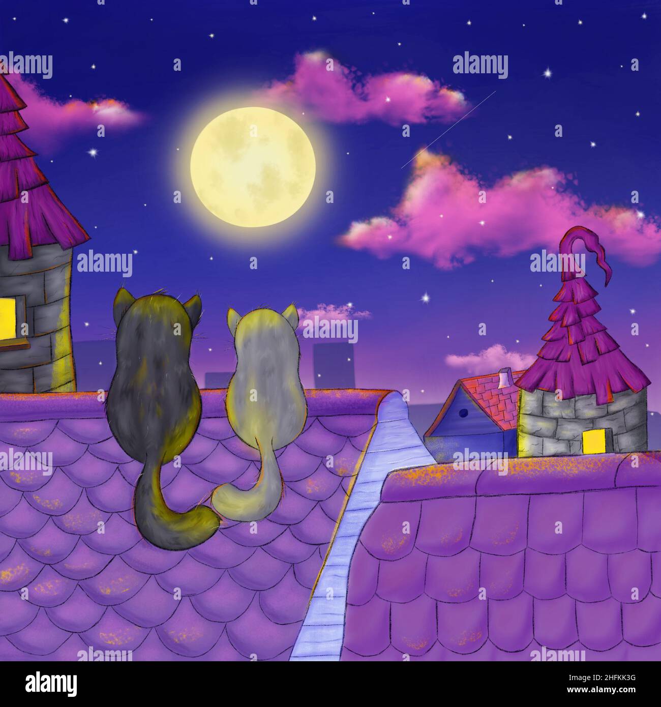 Luna piena sul cielo e gatti sul tetto illustrazione disegnata a mano Foto Stock