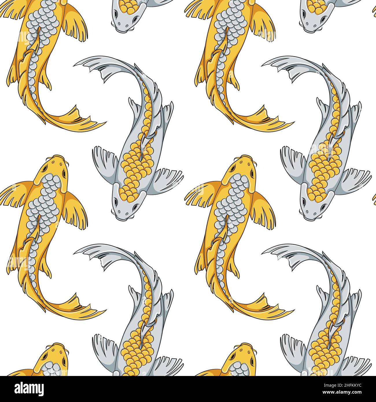 Modello senza cuciture con carpe di pesce koi in oro e argento. Sfondo vettoriale colorato. Illustrazione Vettoriale