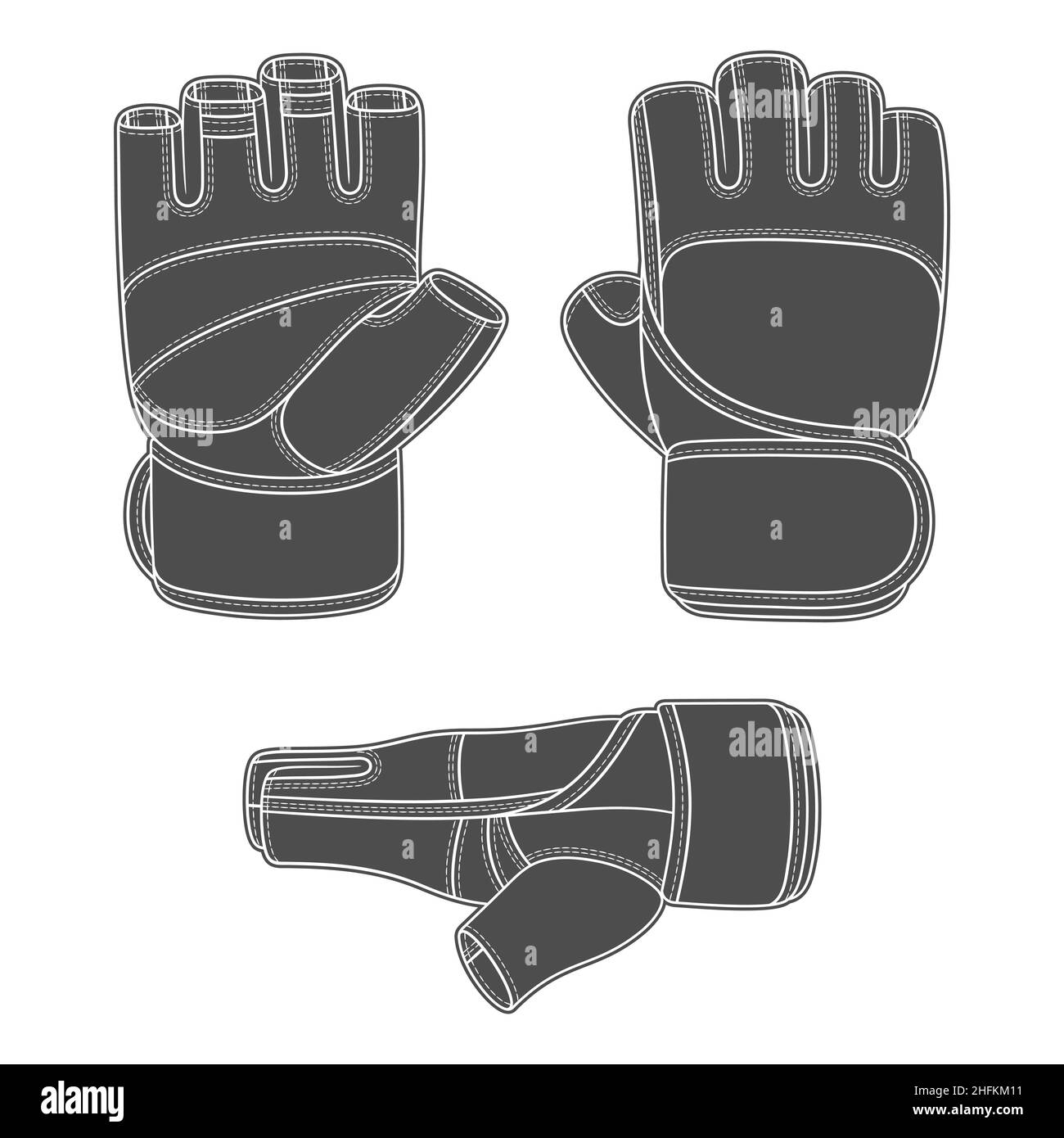 Set di illustrazioni in bianco e nero con l'immagine di guanti sportivi e da training. Oggetti vettoriali isolati su sfondo bianco. Illustrazione Vettoriale