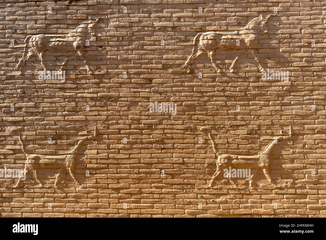 Rilievi alle mura dell'antica città di Babilonia, Iraq Foto Stock