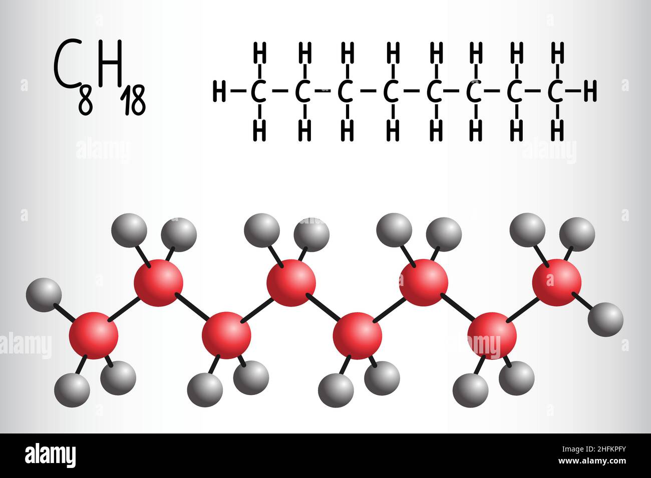 Formula chimica e modello molecolare di Octane C8H18. Illustrazione vettoriale Illustrazione Vettoriale