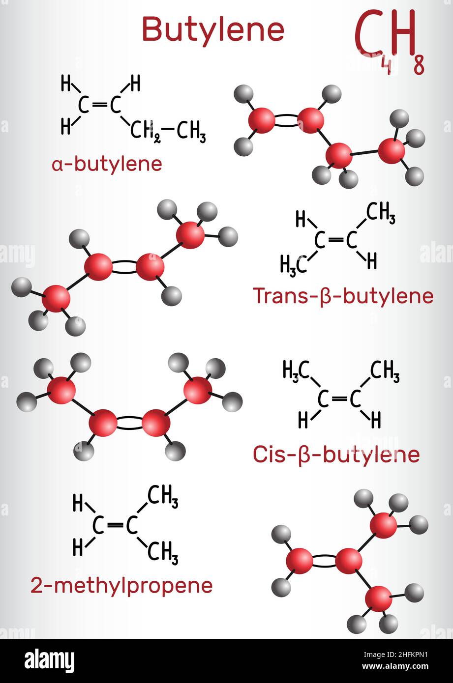 Formula chimica e modello molecolare del butilene C4H8. Illustrazione vettoriale Illustrazione Vettoriale