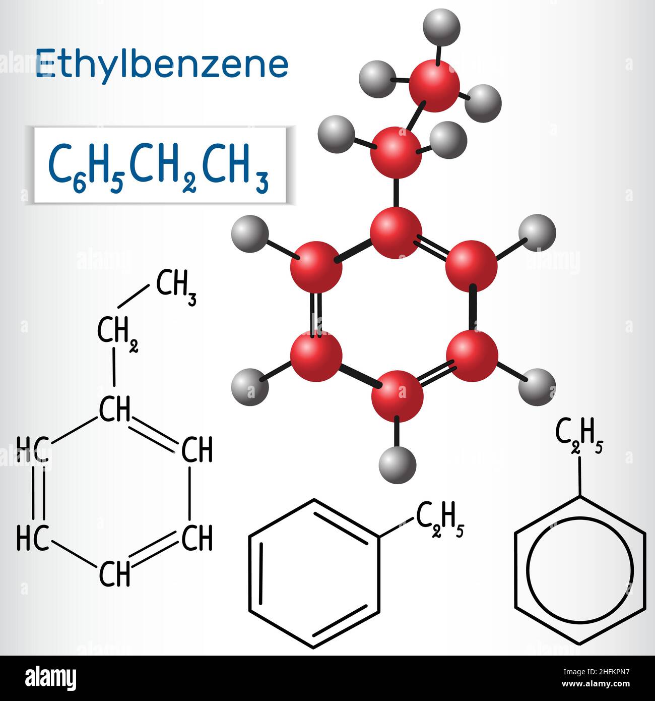 Molecola di etilbenzene - formula chimica strutturale e modello. Illustrazione vettoriale Illustrazione Vettoriale