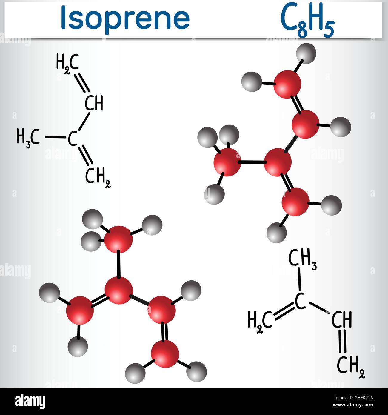 Molecola di isoprene - formula chimica strutturale e modello. Monomero di gomma naturale (poliisoprene). Illustrazione vettoriale Illustrazione Vettoriale