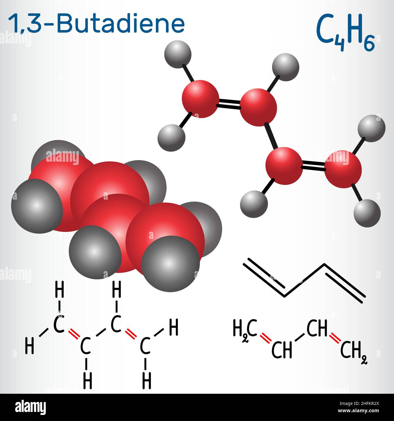 Molecola di 1,3-butadiene (divinil) - formula chimica strutturale e modello. Utilizzato nella produzione di gomma sintetica.illustrazione vettoriale Illustrazione Vettoriale