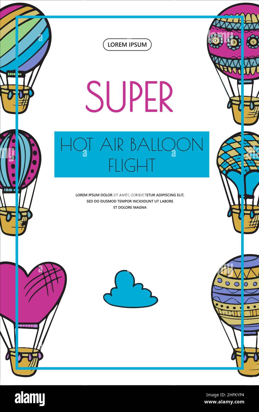Banner vettore Doodle di palloncini ad aria calda con nuvole. Disegno a mano colorato veicoli volanti. Fumetti romantici. Cielo con palloncini turistici Illustrazione Vettoriale