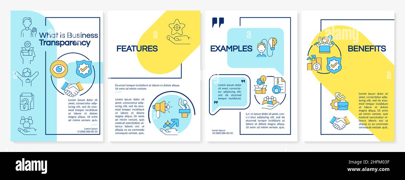 Modello di brochure blu e giallo per la trasparenza aziendale Illustrazione Vettoriale