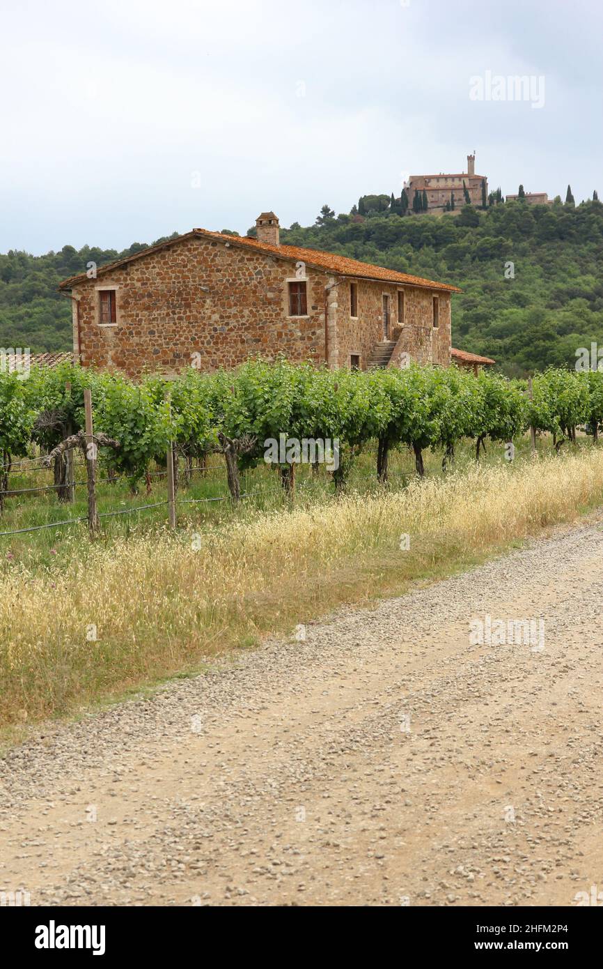 Le tipiche strade di ghiaia polverosa in Toscana in Italia con una bella natura e paesaggio intorno e vecchie case intorno. Foto Stock