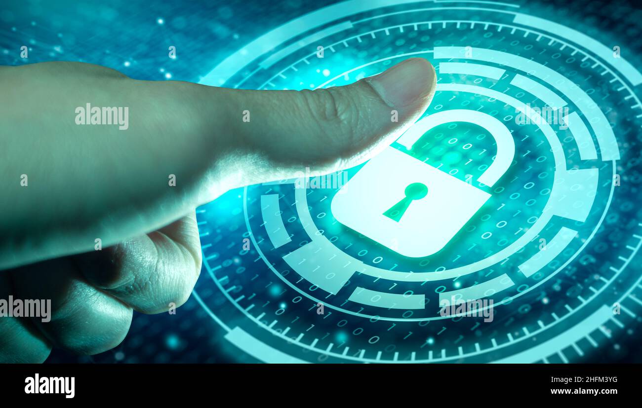 Businessman Finger Scan Identification Access protezione dei dati Cyber Security Privacy. Icona del lucchetto sulla protezione di rete con firewall. Accesso sicuro Foto Stock
