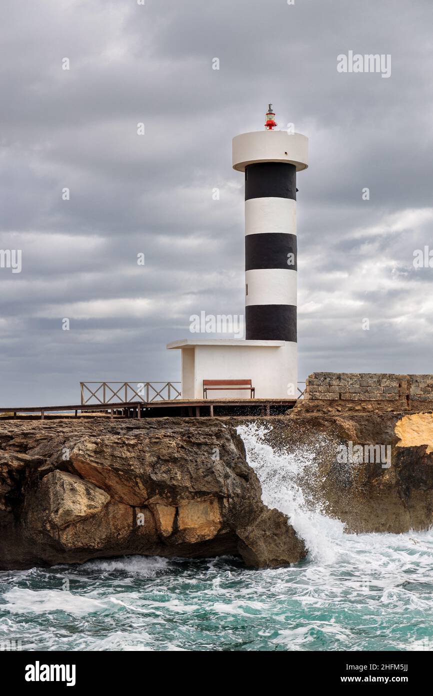 Faro di Colònia de Sant Jordi, Maiorca, Isole Baleari, Spagna Foto Stock