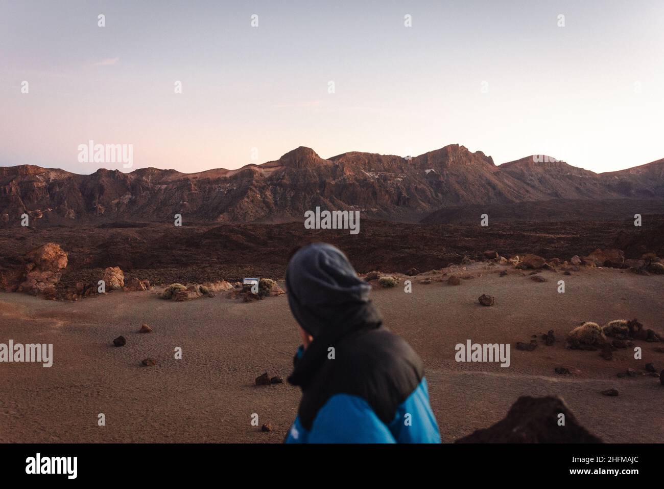 Giovane che ammira le montagne, un paesaggio vulcanico a Tenerife, Las Cañadas. Foto Stock