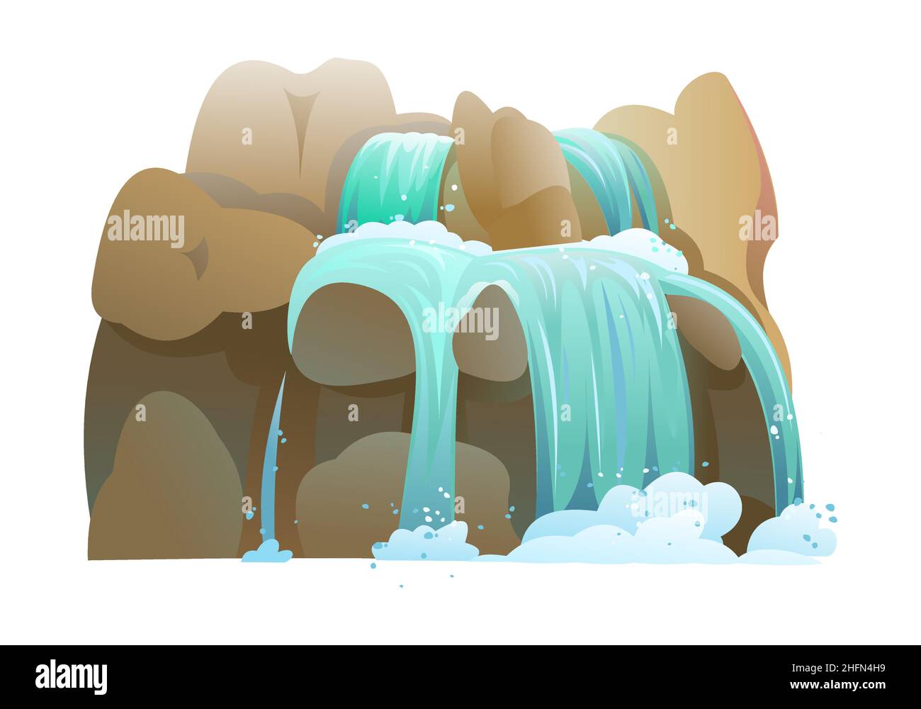 Cascata tra le rocce. La cascata fruscii verso il basso. Flusso d'acqua. Stile cartoon cool. Oggetto isolato su sfondo bianco. Bellissimo paesaggio. Vettore. Illustrazione Vettoriale