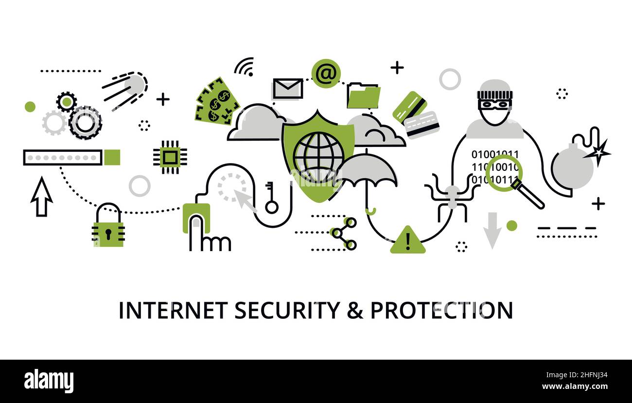 Moderno disegno piatto sottile illustrazione vettoriale, concetto infografico di sicurezza di Internet, protezione di rete e pagamenti online sicuri per la grafica Illustrazione Vettoriale