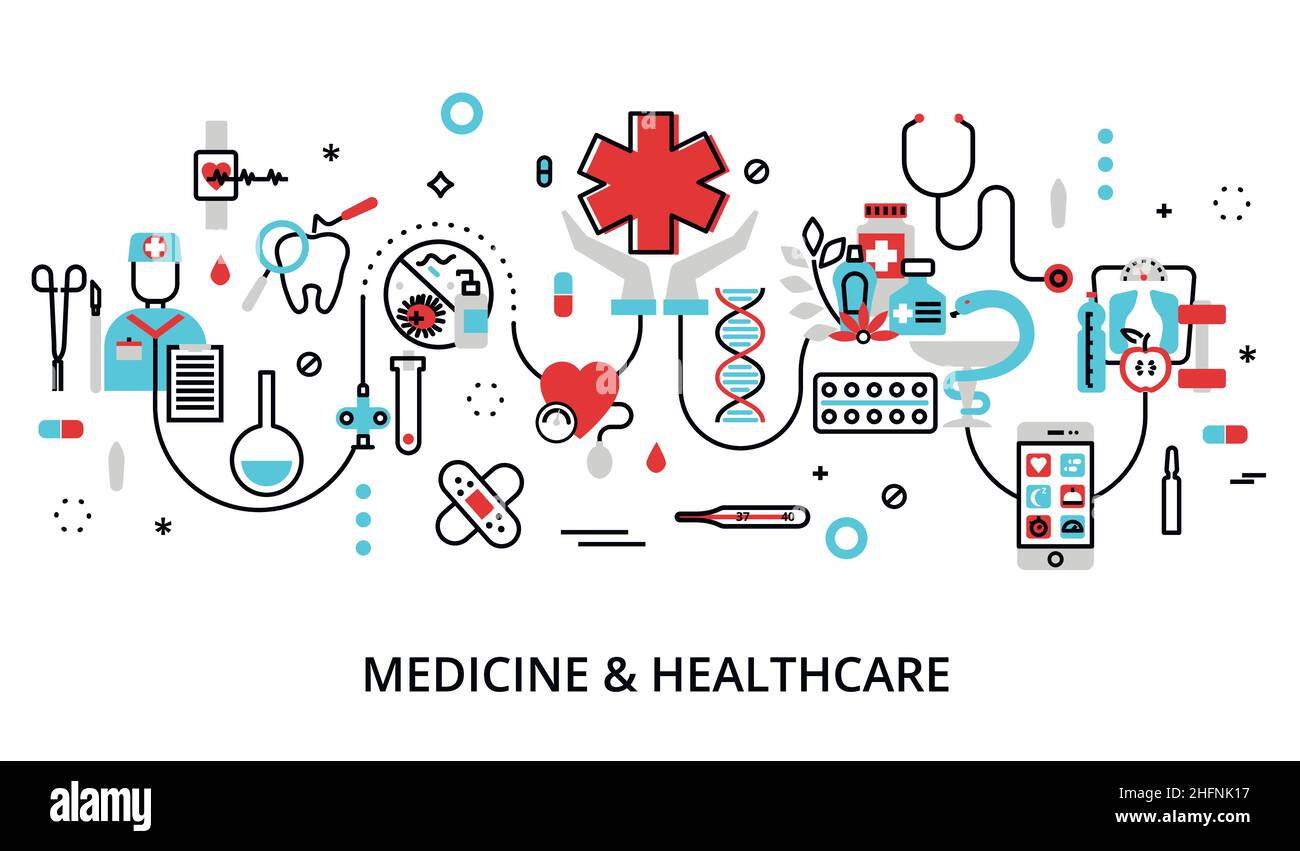 Illustrazione vettoriale dal design piatto e sottile moderno, concetto di medicina e assistenza sanitaria, pronto soccorso, attrezzature mediche e cura di farmaci, per grafica e Illustrazione Vettoriale