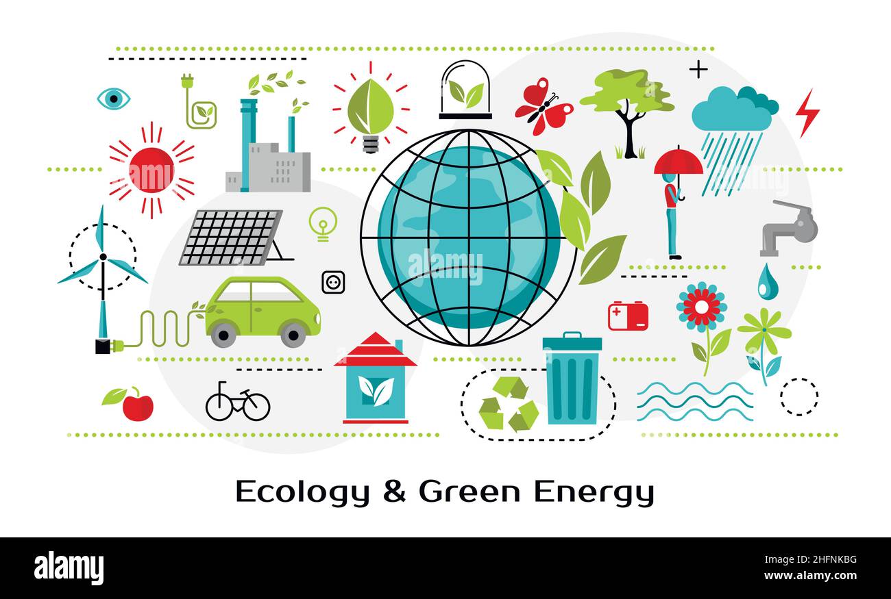 Icona design a linea sottile e moderna, illustrazione vettoriale, concetto infografico di ecologia, risparmio di natura ed energia alternativa per grafici e web desi Illustrazione Vettoriale