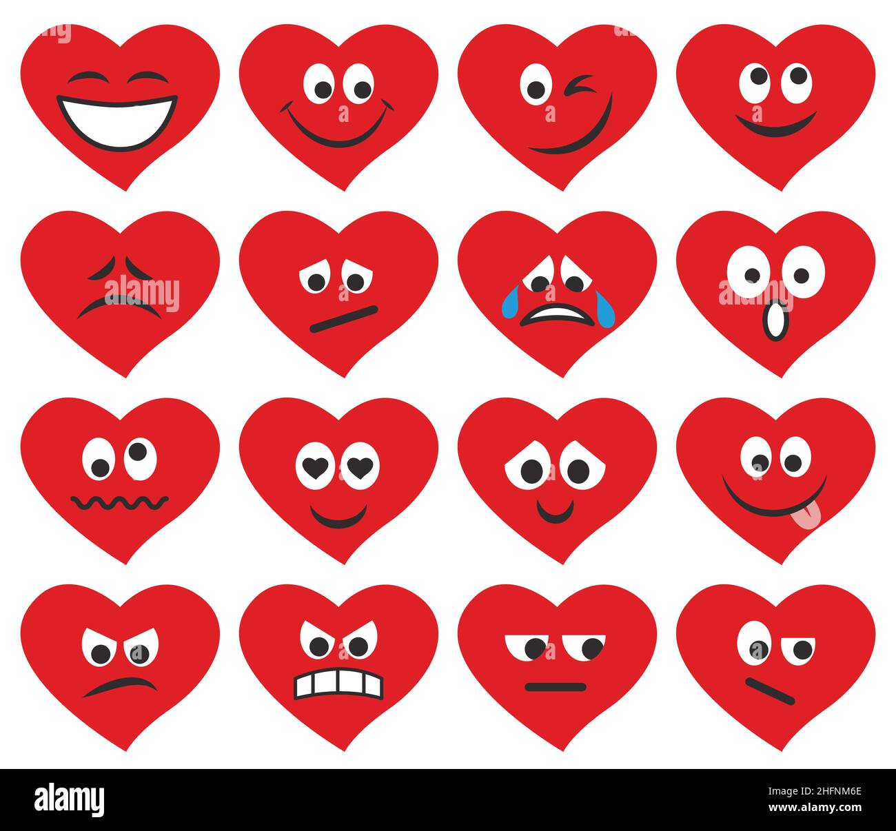 Set di emoticon ed emoji in forma di cuore rosso. Illustrazione vettoriale in stile piatto su sfondo bianco Illustrazione Vettoriale