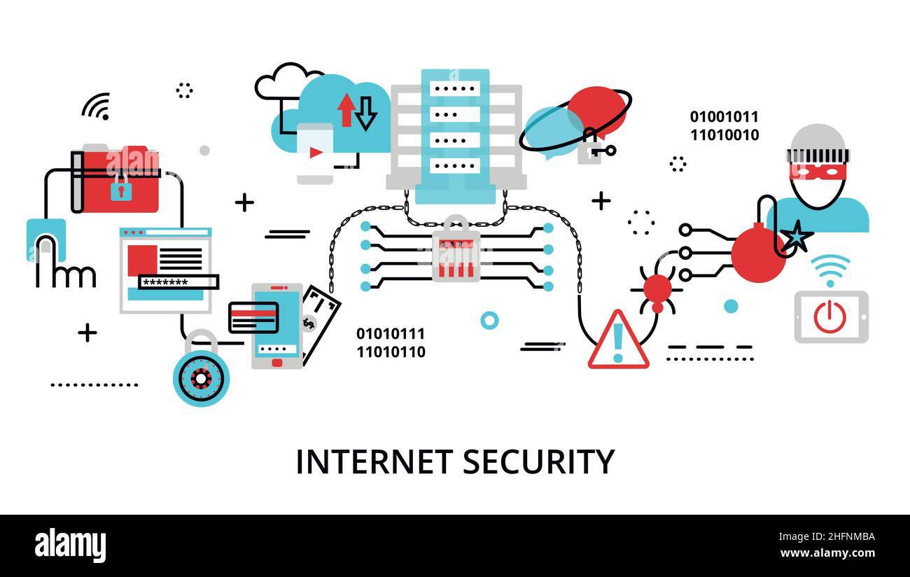 Moderno disegno piatto sottile illustrazione vettoriale, concetto infografico di sicurezza di Internet, protezione di rete e pagamenti online sicuri per la grafica Illustrazione Vettoriale